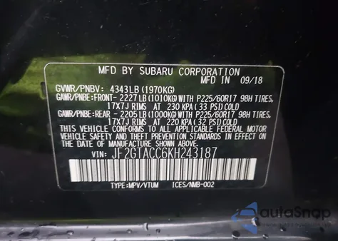 2019 Subaru Crosstrek 2.0I Premium из США, поврежденный, VIN JF2GTACC6KH243187